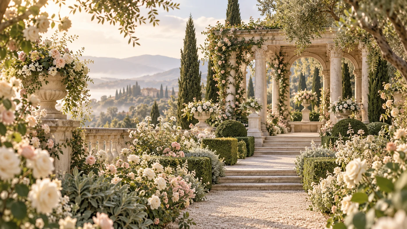 Jardín europeo romántico con rosas marfil y una pérgola al fondo